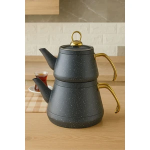 Granit Kaplama Gold Kulplu Cam Kapak Çaydanlık Renk Antrasit