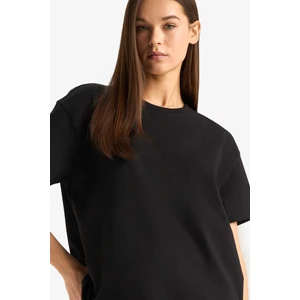 Oversize Geniş Kalıp Bisiklet Yaka Basic Düz Siyah Kısa Kollu Tişört E4935AX25AU