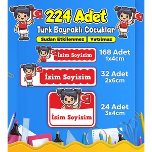 Türk Bayraklı Çocuklar Okul Kreş Kişiye Özel Isim Etiket Seti - Model 484