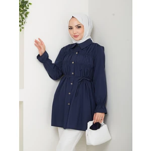 Kadın Düğmeli Bağcık Detaylı Lacivert Gömlek