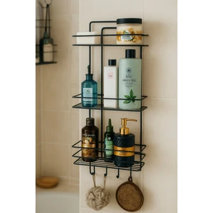 Paslanmaz Siyah Yapışkanlı Banyo Duş Rafı Şampuanlık 3 Katlı, 4 Kancalı, Dayanıklı, Şık Düzenleyici - Tş-03