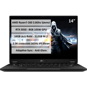 Tuf Gamıng A14 FA401UH-RG018-GAMING Ryzen 7 260 16GB 512GB SSD RTX5050 8gb 105W 14" Wqxga 165Hz IPS Panel Freedos Taşınabilir Bilgisayar