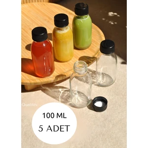 100 ml Cam Şişe Şeffaf Kilitli Sızdırmaz Siyah Kapaklı Meyve Suyu Detox 5 Adet