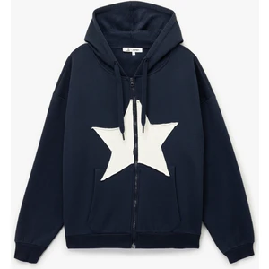 Yıldız Baskılı Şardonlu Kapüşonlu Kanguru Cepli Oversize Fermuarlı Sweatshirt