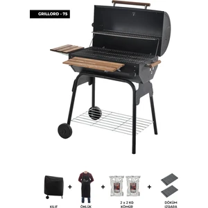 Grillord‑75 Kömürlü Barbekü (2 Adet Döküm Izgaralı) + Hediye Seti (Önlük + Kılıf + 2×2 kg Kömür)