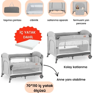 Omega Anne Yanı Sallanır Cibinlikli Oyun Parkı Park Yatak Bebek Beşik 70X110 cm + Yataklı