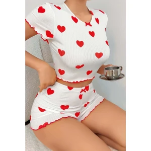 Ruselin Likralı Beyaz Tişört Kalp Desenli Şort Takım  L/XL