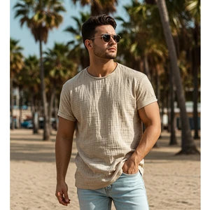 Kısa Kol Müslin Erkek Tshirt, %100 Pamuk, Sertifikalı Kumaş,