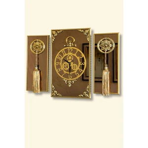 3lü Gold Dikdörgen Aynalı Çerçeveli Püsküllü Duvar Saati Takımı, Wall Clock, Hediye, MS38-1