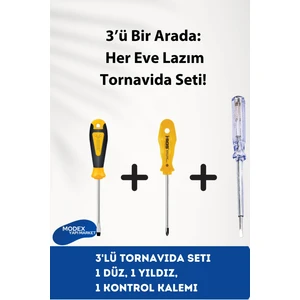 3'lü Tornavida Seti – 1 Düz, 1 Yıldız, 1 Kontrol Kalemi | Pratik ve Dayanıklı