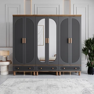 Milen 6 Kapaklı Çekmeceli Gardırop Tamamı MDF (Antrasit)