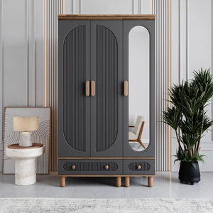 Milen 3 Kapaklı Çekmeceli Gardırop Tamamı MDF (Antrasit)