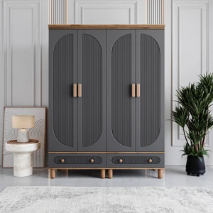 Milen 4 Kapaklı Çekmeceli Gardırop Tamamı MDF (Antrasit)