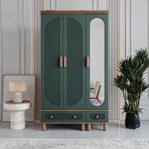 Milen 3 Kapaklı Çekmeceli Gardırop Tamamı MDF (Yeşil)