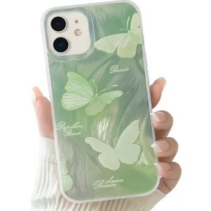 Apple iPhone 11 Uyumlu Kılıf Parlak Hologramlı Yeşil Kelebek Desenli Darbe Emici Kamera Korumalı Silikon