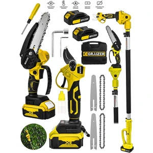 Powerforge 2 Akülü 2'li Set Şarjlı Ağaç Dal Kesme ve Budama Makası Testere Teleskopik Uzatmalı-Sarı