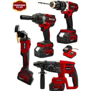Powerforge 21V Akülü Matkap & Taşlama & Kırıcı Delici Hilti & Somun Sıkma Sökme 4'lü Set-Kırmızı