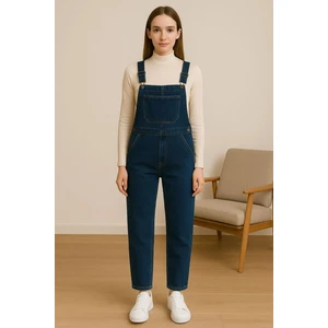Kadın Asklı Beli Lastilki Denim Salopet Kot Tulum