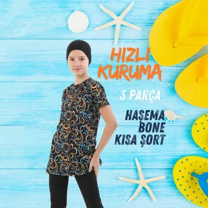 Boneli 3 Parça Desenli Mayo Bone Tayt Şort Hızlı Kuruma Özellikli Kız Çocuk Mayo