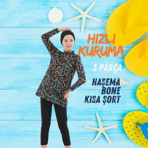 Boneli 3 Parça Desenli Mayo Bone Tayt Şort Hızlı Kuruma Özellikli Kız Çocuk Mayo