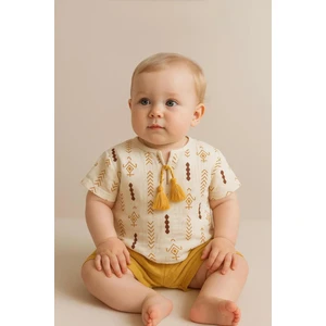 Etnik Desenli Müslin Bebek Takımı Sarı Şortlu Yazlık Kombin