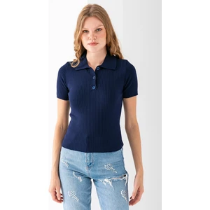 Kadın Polo Yaka Düğme Detaylı Triko Basic T-Shirt Lacivert - 4057