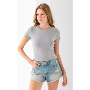 Kadın Bisiklet Yaka Pamuklu Basic Body Gri - 25873