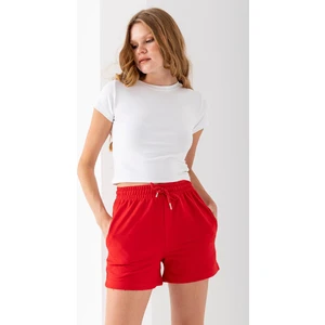 Kadın Beli Ayarlanabilir Çift Cepli Basic Şort Kırmızı - 10038