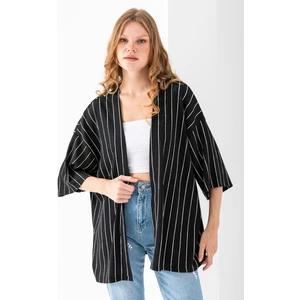 Kadın Yarım Kol Çizgili Bürümcük Kimono Siyah - 254406