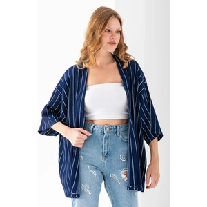 Kadın Yarım Kol Çizgili Bürümcük Kimono Lacivert - 254406