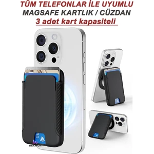Tüm Telefonlar ile Uyumlu Standlı Magsafe Mıknatıslı Kartlık Cüzdan Pc Karbon 3 Adet Kart Kapasiteli
