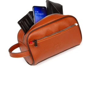Erkek Deri Portföy Clutch Traş Kozmetik Bakım ve Günlük El Çantası (14X24CM) NEW171 - Taba
