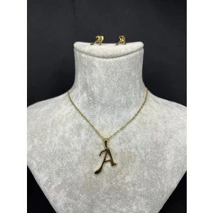 A Harfi Gold Çelik Kolye ve Küpe Set