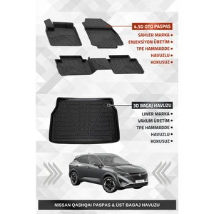 Qashqai 2022+ Benzinli Uyumlu 4.5d Premium Havuzlu Oto Paspas ve Liner Marka 3D Ust Bagaj Havuzu