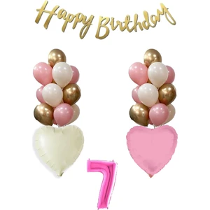 7 Yaş Pembe Kız Çocuk Doğum Günü Konsepti 16INÇ Pembe Rakam Happy Birthday Bannerlı Set