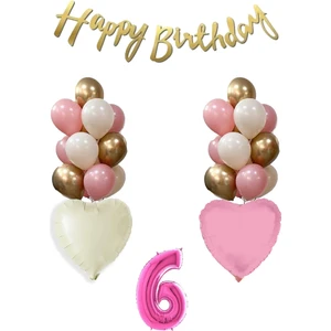 6 Yaş Pembe Kız Çocuk Doğum Günü Konsepti 16INÇ Pembe Rakam Happy Birthday Bannerlı Set