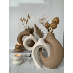 6 Parça Dekoratif Vazo ve Mumluk Seti ,2 Adet Mumluk 4 Parça Özel Tasarım Vazodan Oluşan, Bohem Tarz Bej &kahverengi Tasarım Vazo Hediyelik Eşya
