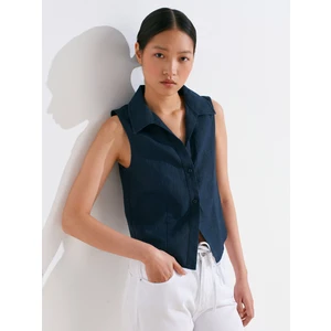 50511 Keten Kolsuz Gömlek-Lacivert