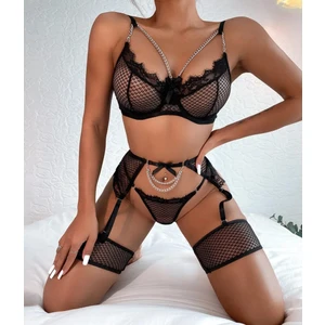 Kadın Siyah Gecelik 4 Parça Tül Mini Etek Zincir Detaylı Çeyizlik Fantaazi Jartiyer Bacak Bantlı Yazlık Kıyafet