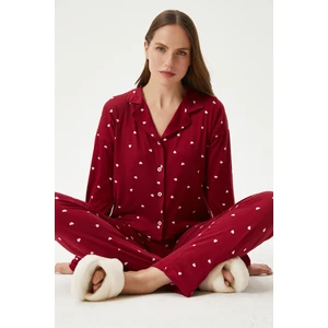 Kadın Sweety Extra Soft Bordo Kalpli Pijama Takımı