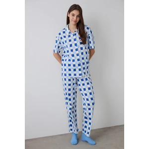 Ekoseli Rhea Gingham Gömlek Yaka Pamuklu  Kısa Kollu Pijama Takımı