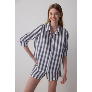 Çizgili Quinn Gömlek Yaka  Pamuklu Uzun Kollu Şortlu Pijama Takımı