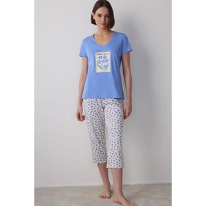 Mavi Forget Me Not V Yaka Kısa Kollu Kapri Pijama Takımı
