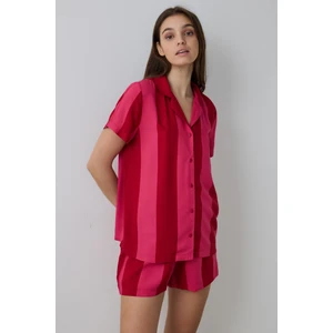 Kırmızı For You Çiçek Desenli Gömlek Yakalı Kısa Kollu Şortlu Pijama Takımı