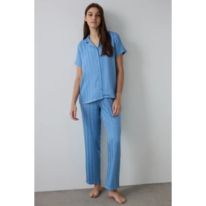 Mavi Luna Saten Gömlek Yaka Kısa Kollu Pijama Takımı