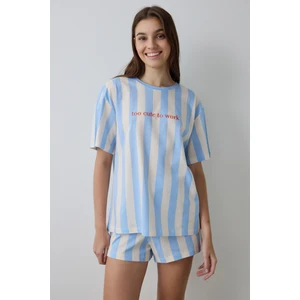 Açık Mavi Cute To Work Pamuklu Çizgili Bisiklet Yaka Kısa Kollu Şortlu Pijama Takımı