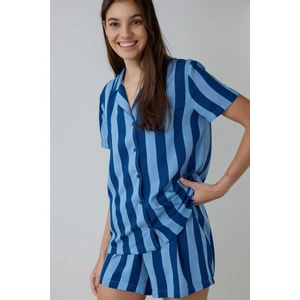 Mavi Into The Blue Çizgili Gömlek Yaka Kısa Kollu Gömlek Şort Pijama Takımı