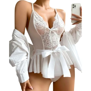 MOTTO10 Butik Beyaz Dantel Işlemeli Kurdelalı Fantezi Tül Babydoll