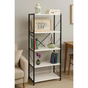 Metal Gövdeli 5 Raflı Ahşap Kitaplık Ofis Ev Raf Sistemi Dekoratif Dosya Rafı Beyaz