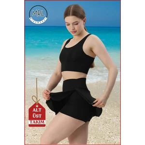 Kadın Siyah Alt-Üst Takım Şort & Sabit Pedli Üst Crop Denizde Havuzda Sporda Swimsuit TAKIM33107